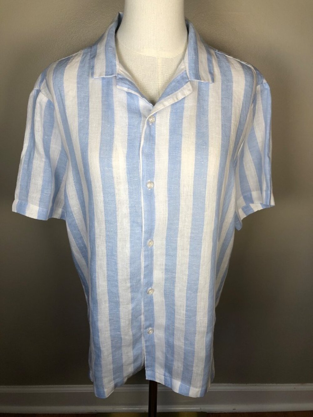 Porter & Ash 100% Linen Blue & White Stripe Button Front Shirt Coastal Grandma-M
